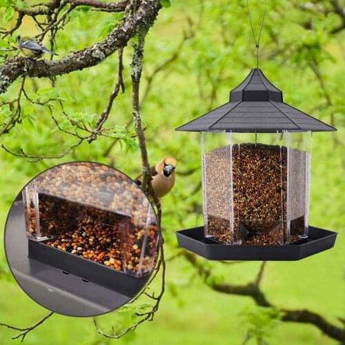 Hanging Bird Feeder for Garden Yard Decoration (Grey) Panorama Bird Feeder, Hexagon Shaped with Roof