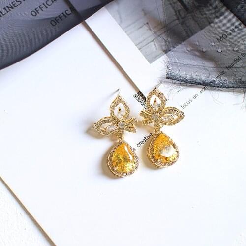 Luxury Super Shiny Yellow Gemstone Drop-shaped Wing Female Earrings Jewelry 925 Fashion Exquisite and Elegant Aristocratic Charm