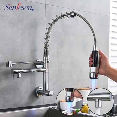 Senlsen Chrome LED Kitchen Faucet Spring Dual Spout Swivel Vessel Sink Single Cold Wall Mount Spray Single Handle