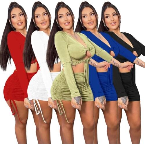 Sexy Women Skirt Set Solid Color Crop Tank Top And Mini Dress Drawstring Pleated Tracksuit Clothes For Women Outfit