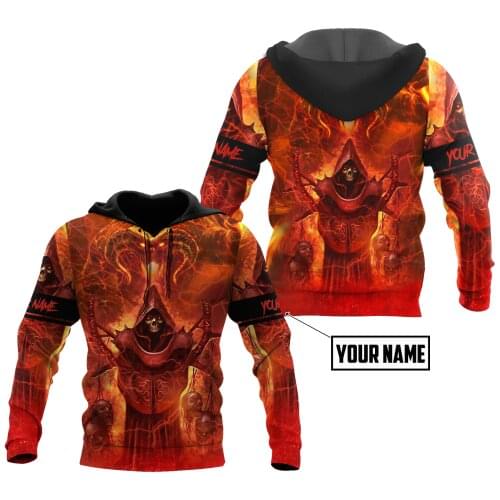 Personalized Name Reaper Skull Fire 3D Printed Autumn Men Hoodies Unisex Casual Zip Pullover Streetwear sudadera hombre DW0477