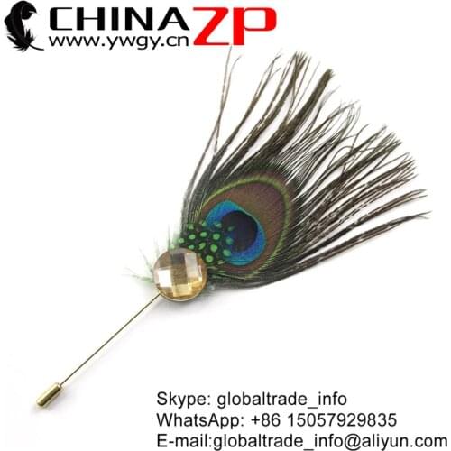CHINAZP Factory Unique Handwork Peacock Guinea Feather with Rhinestone Accessory Brooch for Crafts