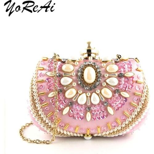 YoReAi Hot Sale Beaded Clutch Purse Elegant Lady Wedding Party Handbag Women Evening Bags Luxury Metal Chain Shoulder Bag