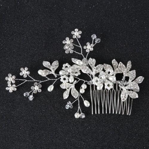 Pearl Flower Leaf Hair Jewelry Accessories Alloy Wedding Hair Ornament Headdress Decoration Silver Rhinestone Comb