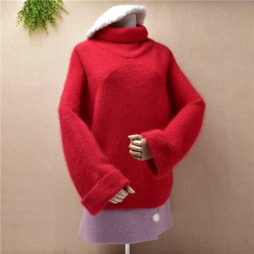 Ladies women blouses fashion red thicken loose angora rabbit fur knitted long sleeves long flare sleeves pullover sweater winter