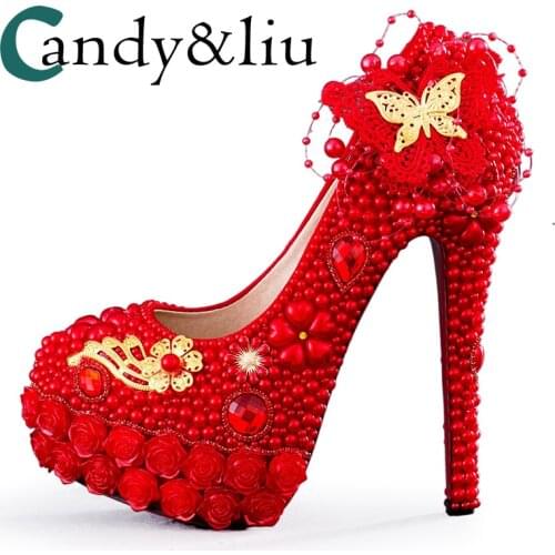 Women Fashion Wedding Shoes Round Toe High Heels Pearl and Gold Butterfly Tassele xquisite Red Pumps Chinese Royal Court Style