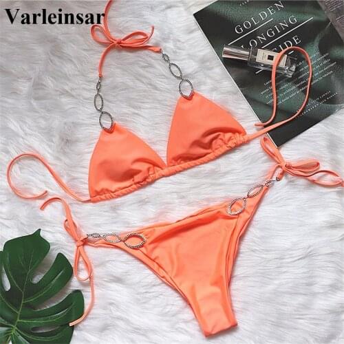 2 Colors Halter Bikini Female Swimsuit Women Swimwear Two-pieces Bikini set Bling Diamond Bather Bathing Suit Swim Lady V2337O