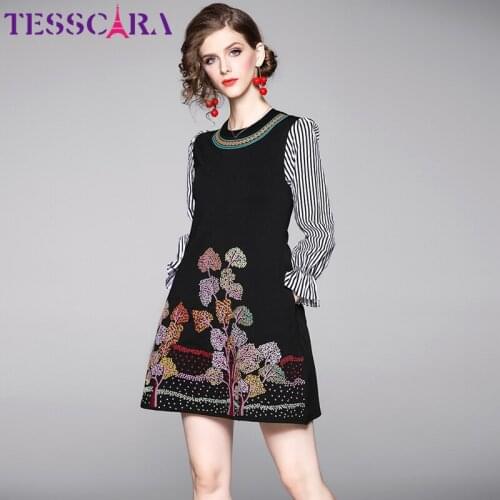 TESSCARA Women Autumn Elegant Embroidery Dress Shirt Designer Female Office Cocktail Party Robe High Quality Vintage Vestidos