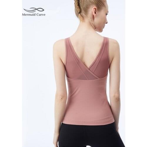 Mermaid Curve Running Vest Women Gym Training Vest Breathable Net Yarn Splicing Yoga Vest Elastic Tight Sports Tank Top With Pad