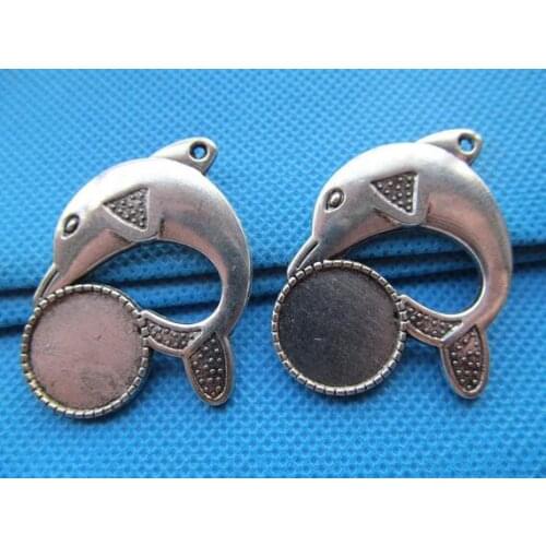20pcs Antique Silver/Bronze Dolphine Base Setting Tray Bezel Pendant Charm/Finding,Fit 16mm Round Cabochon/Cameo,DIY Accessory