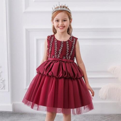 2021 Summer Vintage Dress Girl Kids Dresses For Girls Children Clothing Flower Evening Party Gown Princess Layered Dress Elegant