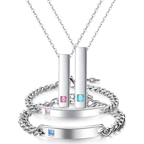 316L Stainless Steel Customizable Couple Necklace Bracelet Set Personality Romantic Blue Pink Crystal Zircon Jewelry Set No Fade