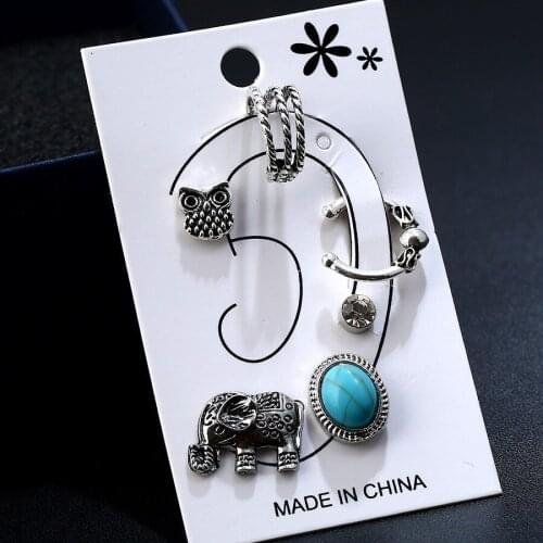 6pcs/set Vintage Silver Color Animal Owl Elephant Stud Earrings Set for Women Brinco Bijoux Jewelry Ear Accessory Cuff Cartilage