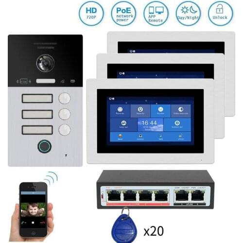 7 inch POE 720P WIFI IP Fingerprint Video Intercom Door Phone Record Kit Touch Screen Remote Monitor RFID Unlock For 3 Apartment
