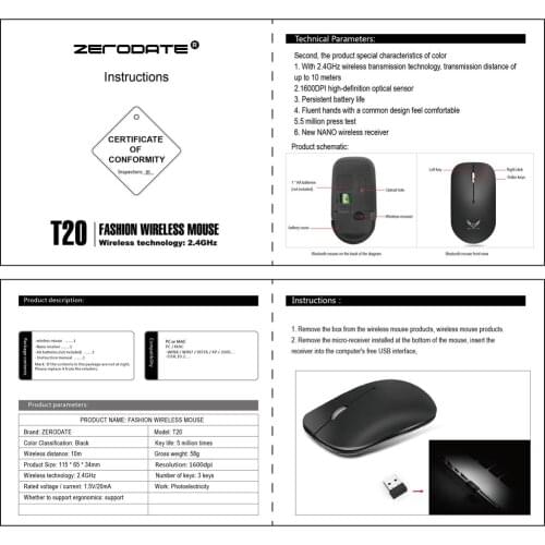 2.4G Wireless Mouse With USB Receiver 1600DPI Optical Mice for Notebook Laptop PC Computer ND998