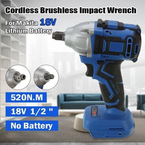 Cordless 1/2 Socket Wrench Power Tool 18V Electric Brushless Impact Wrench 520N.m Rechargeable Adapted For Makita Battery