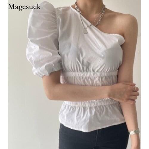 Chic Off Shoulder Shirt Women Summer Sexy Skew Collar Cotton White Blouses Puff Sleeve High Street Lace Up Slim Tops Blusa 15618