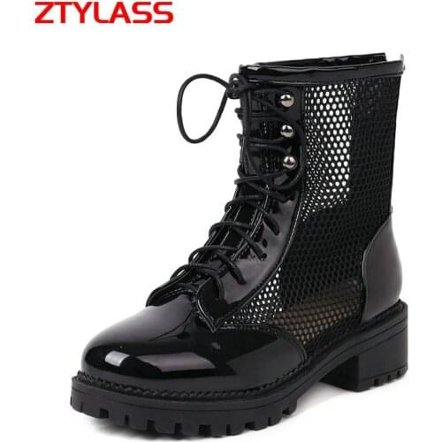 Fashion Platform Thick High Heel Women Ankle Boots Summer Breathable Mesh Boots Ladies Zipper Cross Tied Autumn Short Boots