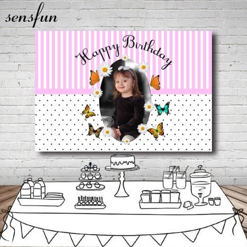 Sensfun Beautiful Girls Birthday Party Backdrops Customized Photo Text Butterfly Pink Striped Photography Backgrounds Custom