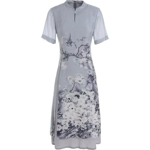 Gowani Summer Female Elegant Print Chinese Style Straight Silk Dress Choengsam Qipao