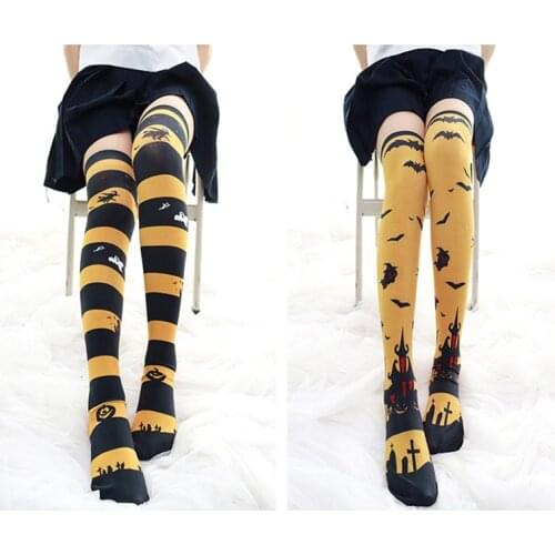 Halloween Sexy Gothic Women Stockings Scary Bat Pumpkin Witch Castle Print Anime Cosplay Thigh High Socks Over Knee Socks Stripe