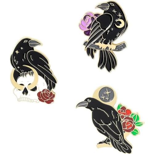 HOSENG 3PCS Black Crow Skull Flowers Alloy Brooch Halloween Kids Woman Coat Collar Funny Winter Enamel Jewelry Pin Gift HS_112