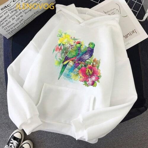 Watercolor Birds Cockatiel Parrot Print Hoodies Women Harajuku Kawaii Lovely Flowers Sweatshirt Femme Sudadera Mujer Tracksuit