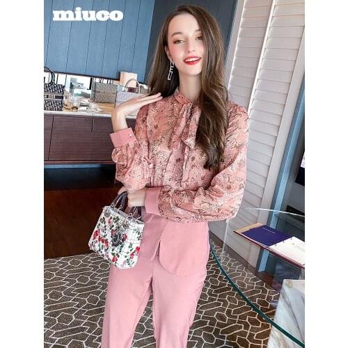 Printed bow ribbon collar stitching suit hem shirt womens wear 2021 Spring new High Quality Top Quality