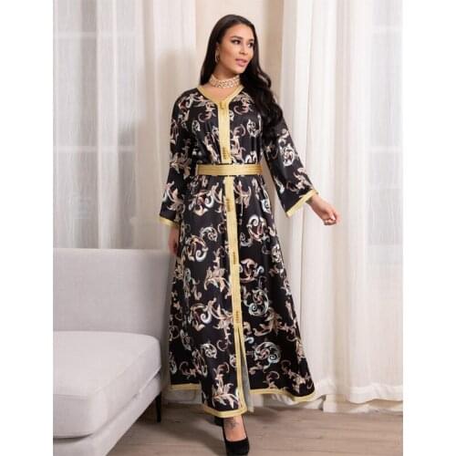 Eid Mubarak Long Dress for Muslim Women Dubai Islamic Gold Rimmed Floral Hijab Dress Turkey Elegant Kaftan Maxi Dress Plus Size