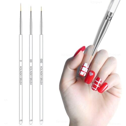 3PCS Nail Art Brush Transparent Acrylic Carving Extension Builder Kolinsky Polish UV Gel Painting Pen French Lines Drawing Liner