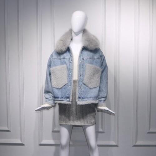 Fad New Winter Fur Pockets Natural Fox Fur Thick Warm Short Denim Jacket Women Short Coat Chaqueta Mujer Woman Clothes