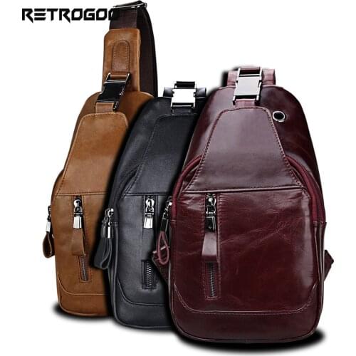 RETROGOO Genuine Leather Men Chest Bag Male Cross Body Bag 2021 Fashion Luxury Cowhide Leather Zipper Phone Pocket Shoulder Bag