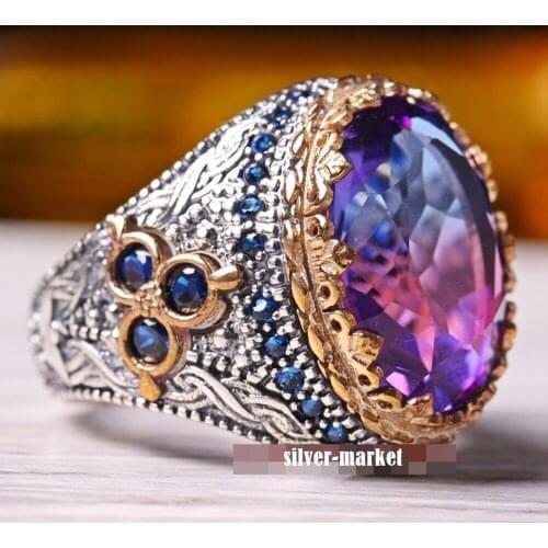 Turkish handmade 925 sterling silver jewelry tourmaline stone mens ring