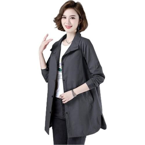 2021 Spring Autumn New Womens Windbreaker Mid-Length Female Windbreaker Jacket Lapel Long Sleeve Casual Ladies Outerwear