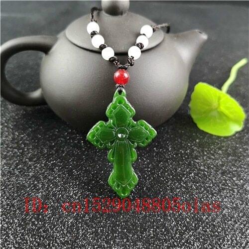 Natural Green Chinese Hetian Jade Cross Pendant Necklace Fashion Charm Jadeite Jewelry Carved Amulet Gifts for Women Men