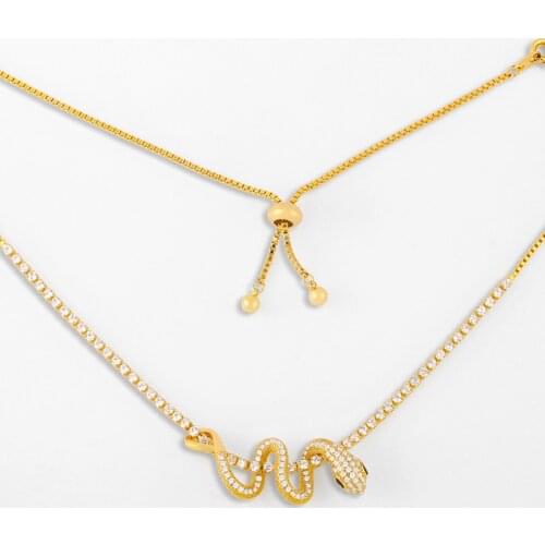 FLOLA Gold Filled Snake Necklaces For Women Adjustable Cubic Zirconia Necklace Pendant Chain Stone Statement Jewelry Gift nker37