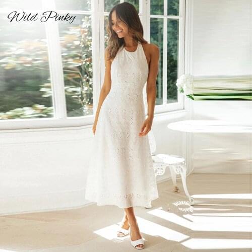 WildPinky Elegant White Lace Women Dress Sexy Backless Halter Female Cotton Dress Summer Beach Style Ladies Midi Dress Vestidos