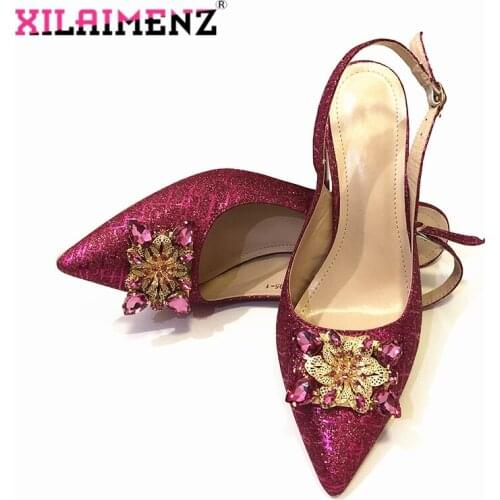 Latest Fuchsia Color Ladies Sexy High Heels Women Pumps Women Summer Sandals Shoes Decorated with Rhinestone Ladies Shoe
