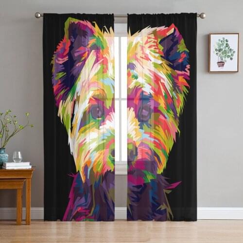 Colorful Animal Dog Cute Gouache Tulle Sheer Window Curtains for Living Room Kitchen Children Bedroom Voile Hanging Curtain