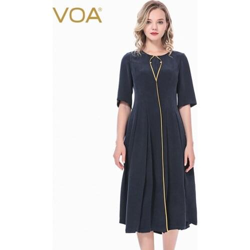 VOA Silk 30m/m Heavy Boat Neck Turmeric Edge Pearl Cuff Slits Natural Crimp Expandable AE182 Dresses for Women