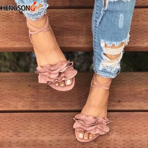 Plus Size Womens Sandal Ruffles Shoes Woman Cross Bandage Sandals Summer Shoes Flats Lace-up Ankle Strap Sandalias Mujer 2020