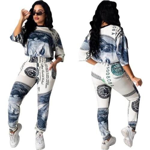 Adogirl Casual Dollar Printed Women Set Loose Short Sleeves Top Long Pencil Pants Two Pieces Set Tracaksuits Female Loungewear