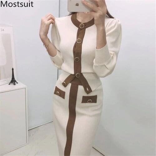 2020 Autumn Korean Knitted Color-blocked Two Piece Sets Women Long Sleeve Cardigan + Elastic Waist Long Skirt Suits Outfits