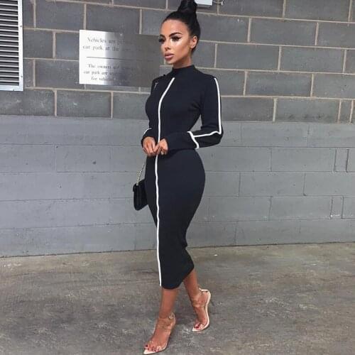 RMSFE 2021 Ladies Long Sleeve Round Neck Fashion Zipper Pencil Skirt Contrast Temperament Slim Medium Length Dress