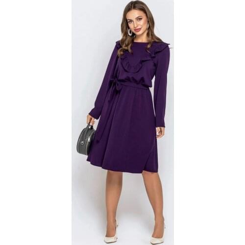 Women Vintage Ruffled Purple Belt A-line Party Dress Long Sleeve O neck Elegant Casual Knee Dress 2021 Autumn New Fashion Dress