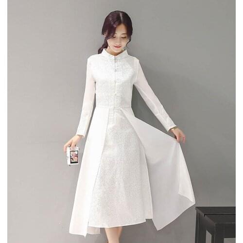 Women Dress Autumn 2019 White Robe Vintage Femme Long Sleeve Stand Collar Slim Casual Dresses Retro Vestido DD1605