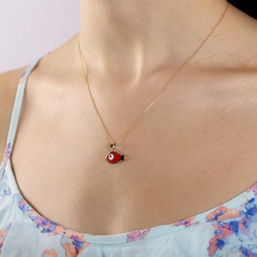 Symbol Gold 14k Fish Patterned Gold Enamel Necklace Trendy for Women Accessory Pendant Gift Dainty Minimalist Colorful Elegant