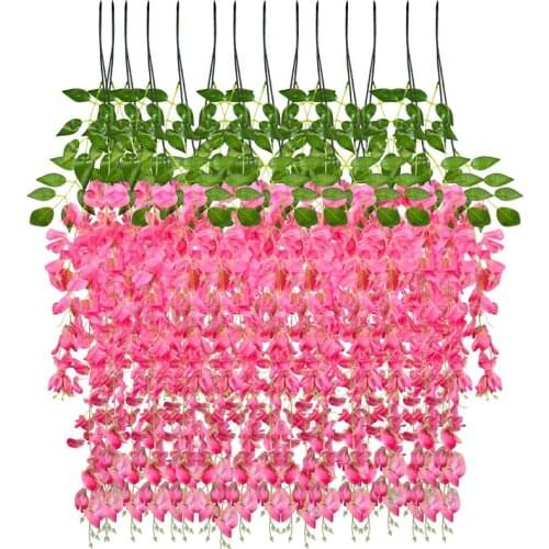 12 Pcs Artificial Silk Wisteria Ivy Vine Green Leaf Vine Garland Simulation Props 90CM for Party Wedding Home Decoration (Pink)