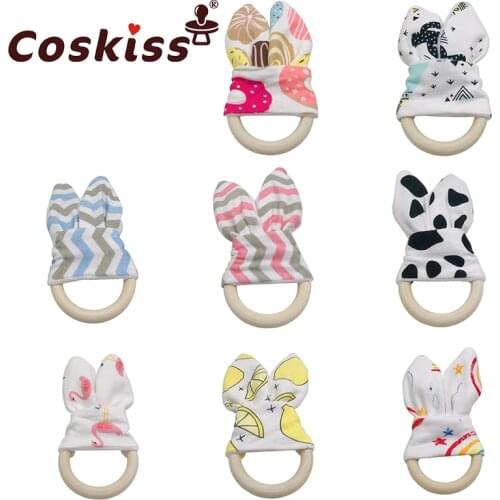 Bunny Ear Wood Ring 2pc Teether Bell 68mm Natural Wood Teether Circle Fabric Wooden Teething training Baby Teether