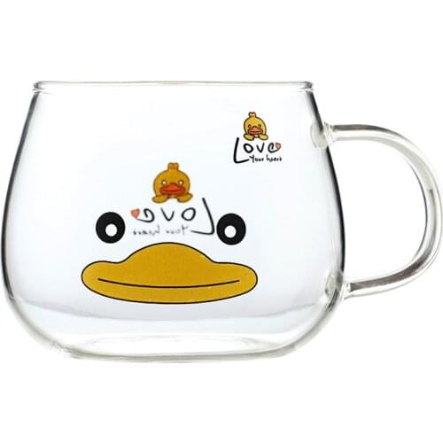300ml Cute Cartoon Duck Mug Bamboo Cover Glass Flower Tea Cup Single Layer Breakfast Cup with Handle Juice Coffee Mug